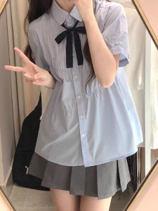 Áo Sơ Mi Nữ Tay Ngắn Màu Xanh Lam Mùa Hè Phong Cách Đại Học Ngọt Ngào Rộng Rãi Màu Trơn Phong Cách Hàn Quốc Cao Cấp Gấp Áo Thời Trang