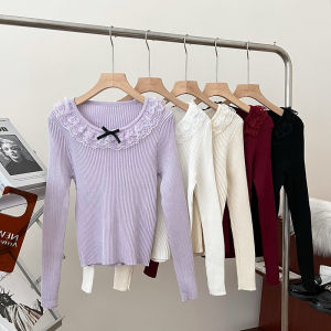 Slim Fit Short Sleeve Knitted Sweater round Neck Butterfly Knot Lace Edge Womens Base Shirt Top Commute Style Pure Color Spring