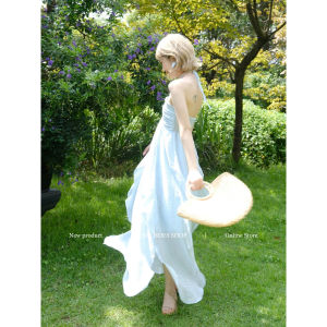 ชุดเดรสยาวคอวีแขนกุดทรงเอสไตล์หวานสดชื่นสำหรับฤดูร้อน ชุดเดรสยาวคลุมเข่าสไตล์วันหยุดชายหาดสำหรับผู้หญิง