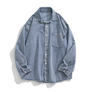 Retro American Denim Long Sleeve Shirt Mens Loose Washed Casual Collar Pocket Workwear Autumn Outerwear Youth Fashion