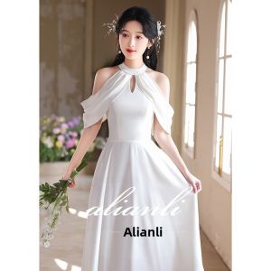 ALIANLI | Light Luxury High-End White Satin Off-Shoulder Qipao Dress