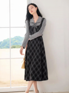 XIANGYING | Vintage Plaid Waist-defining Faux Two-Piece Elegant Dress