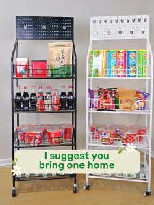 KILAU New Heavy-Duty Carbon Steel Multi-Layered Snack Display Stand with Wheels Kitchen Storage Organizer Rack