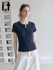 Summer Straight-Shoulder Hollow-Out Button T-shirt