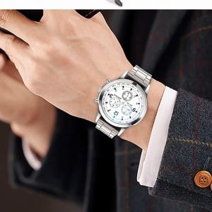 Colorful blue light glass three-eye steel band watch mens quartz watch gift mens watch