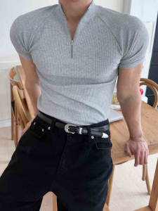 JIANSHENSHIJIAJIANSHEN | Korean Style Striped Half-Zip Breathable Mens Sport T-Shirt