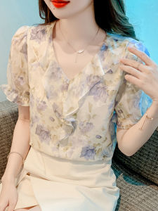 Floral Print V-Neck Short Sleeve Chiffon Top Womens Summer New Style Elegant Small Shirt Korean Style Straight Cut Blouse