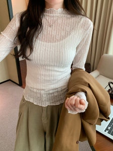 เสื้อยืดคอตตอนลูกไม้แขนยาวสไตล์ฝรั่งเศสสำหรับผู้หญิง เสื้อชั้นในสีพื้น ฤดูใบไม้ผลิและฤดูใบไม้ร่วง เสื้อชั้นในลายขอบไม้