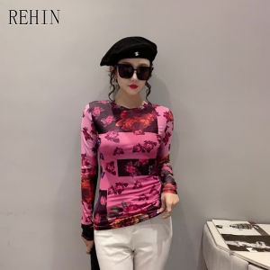 REHIN Áo Nữ Áo Thun Dài Tay In Lưới Thời Trang Mới Mùa Thu Áo Cánh Ôm Sát Cổ Tròn Mỏng S-3XL