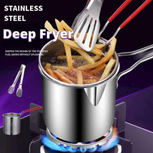 304 Stainless Steel Deep Frying Pan with Strainer and Tongs Universal Kitchen Cookware