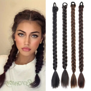 24Inch Synthetic Long Box Twist Braid Ponytail Hair Extension Elastic Rubber Band Black Hairpiece for Women