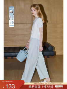 KUHNMARVIN Cotton Casual Pants Womens Belted Straight Leg Nine-Tenths Length Commute Style Pure Color Natural Waist