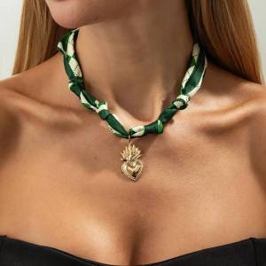 IngeSight.Z Trendy Handmade Green Silk Ribbon Love Heart Pendant Necklace Women Elegant Adjustable Clavicle Chain Charm Jewelry
