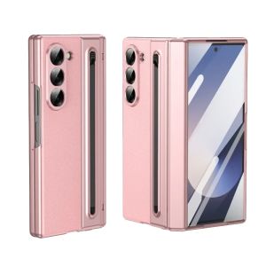 Leather with Steel Film Pen Slot Pen Phone Case for Samsung Galaxy Z Fold 7 6 5 4 Fold7 Fold6 Hinge Protection Shockproof Cover