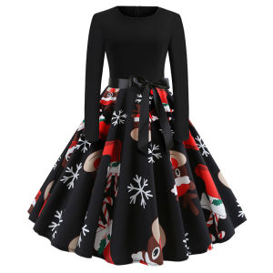 Womens Santa Claus Printed Christmas Costume Dress Long Sleeve Holiday Xmas Fancy Party Gown for Ladies