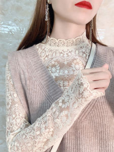 เสื้อชั้นในลูกไม้สีขาวหรูหรา แขนยาว คอกลม สำหรับผู้หญิง เสื้อชั้นในลูกไม้เนื้อนุ่มสบาย สไตล์ฤดูใบไม้ร่วง/ฤดูหนาว