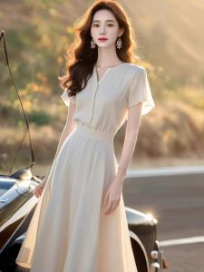 Bông Tuyết Phong Cách Pháp Chữ A Váy Trắng Cho Nữ Mùa Hè 2024 Mới Nhẹ Sang Trọng Giảm Béo Dài Váy Tay Ngắn