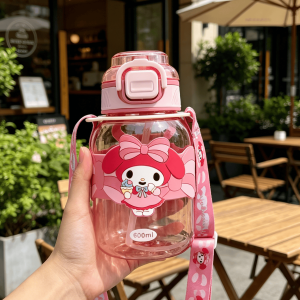 Sanrio | 600ml Sanrio Cartoon Water Bottle with Strap Kuromi Cup High Beauty Leak Proof Straw Carrying Bottle Daily Drinking Bottle