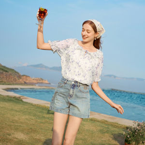XIANGYING | Floral Ruffle Loose Rayon Blouse Short Sleeves