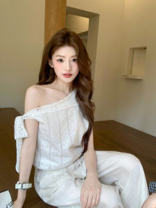 Áo Thun Nữ Mùa Hè Cổ Asymmetric Hem Voan Ren Tinh Khôi Ẩn Dẫn