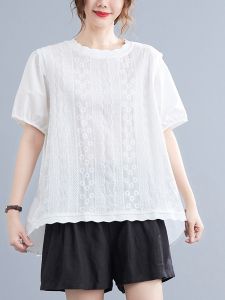 K-style Chubby Girl round Neck Doll Shirt Summer Puff Sleeves Embroider Linen Shirt Plus Size Loose Cotton and Linen T-shirt Womens Clothing