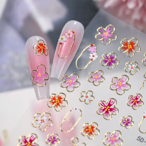 1Pcs 5D Embossed Gold Frame Flower Nail Stickers Pink Red Florals Self Adhesive Nails Decals Spring Five-Petals Manicure Sliders