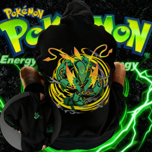 2025 Autumn/Winter Pokemon Animation Brand 100% Cotton Rayquaza Printed Hoodie Mens Childrens Harajuku Casual Loose Keep Warm