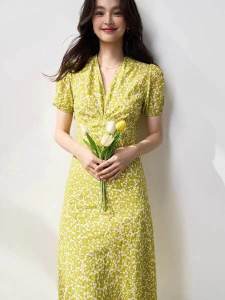 French Tea Break Platycodon Grandiflorum Yellow Floral V Neck Dress Female 2024 Summer Xintongqin Elegant Hepburn Style Long Dress