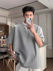 Loose Fit V-Neck Short Sleeve T-Shirt Mens Summer Retro Design Trendy Brand Korean Style Half Sleeve Breathable Pure Cotton