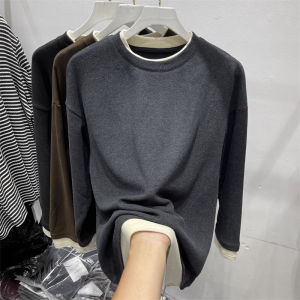 เสื้อชั้นในผู้หญิงทรงหลวมสองด้านสีบล็อกนุ่มสบายๆ ฤดูใบไม้ร่วง/ฤดูหนาว เสื้อสเวตเตอร์คอตั้งแขนยาวทรงปกติ