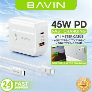 BAVIN PC2187 Portable 45W PD Super Fast Charging Dual USB C Ports Wall Charger w/ 1M Cable for iPh 17/Android/Laptop
