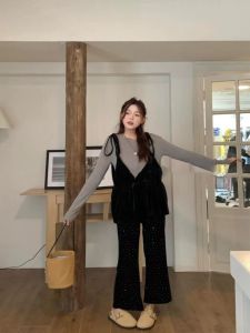 South Korea Dongdaemun Early Autumn New Arrival Bandage Dress Style Gray Bottoming T-shirt + Black Velvet Camisole Two-piece Set