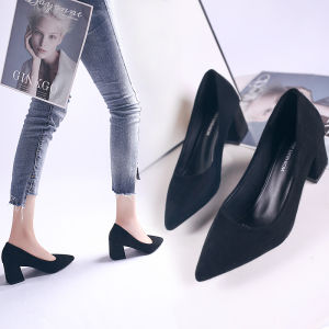 5cm Mid-Heel Shoes Womens Chunky Heel Spring & Fall Plus Size Black Work Professional Soft Leather 3cm Stiletto Heel Small High Heel Shoes