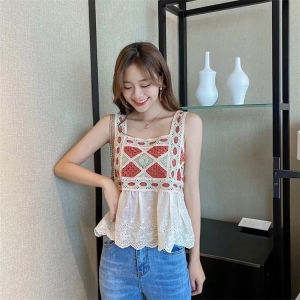 Summer New Embroidered Hollow out Knitted Bohemian Ethnic Style Short Sleeveless Vest Womens Inner Wear Top Loose Fit Holiday Style
