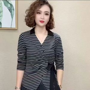 Fashionable Striped Casual Pure Color Hoodie T-Shirt Slimming Design Spring Autumn New Style Womens Commute Style Long Sleeve V-Neck