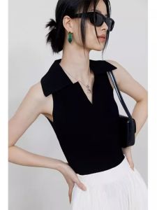Black Polo Collar Ice Silk Knitted Vest Womens Summer Fancy Elegant Sunken Stripe Sleeveless Outwear Chic Tops