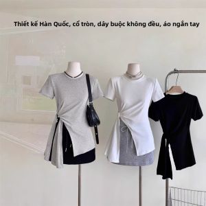 Áo Thun Nữ Tay Ngắn Hở Eo Thắt Lưng Màu Trơn Cổ Tròn Thời Trang Mùa Hè Phong Cách Hàn Quốc Áo Phông Dáng Ôm