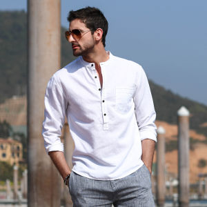 เสื้อเชิ้ตผู้ชายคอตั้งแขนยาวทรงหลวมสไตล์ลำลองฤดูใบไม้ผลิ ผ้าฝ้ายลินิน แฟชั่น เสื้อผ้าผู้ชาย แบรนด์ Hanxu