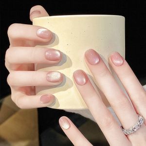 Short Sparkling Ghost Powder Cat Eye Nail Tips Brightening White Gentle Short Wearable Nail Art Glittering Student Affordable Fake Nails