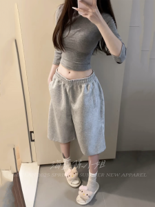 Áo Thun Cổ Cao Tay Ngắn Co Giãn Thường Ngày Màu Xám Bộ Đồ Hai Mảnh Cho Nữ Quần Thể Thao Năm Mảnh Cạp Cao Rộng Rãi