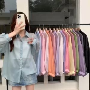 TZY SHOP เสื้อเชิ้ตแขนยาว เชิ้ตผ้าซีทรูบางๆ น่ารักใส่ทับกับเสื้อเพิ่มเลเยอร์ให้การแต่งตัว ใส่ได้หลายโอกาส แมทช์ได้หลายสไตล์ เกาหลี ลูกคุณหนู พร้อมส่ง