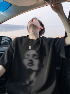 American Style Mens Black Pure Cotton Heavyweight Short Sleeve T-Shirt Summer Trendy Brand Retro Face Iron-On Print Half Sleeve Body Tee Large Size