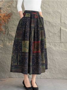 Fashionable Floral Print Midi Skirt for Women Autumn 2024 Casual Slimming Belly Covering Half-length A-line Skirt Chinese Style