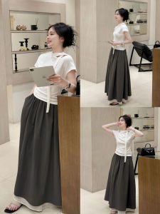 XUECAIQI | Korean Style Flirty Off-Shoulder T-shirt and Flared Skirt Two-Piece Set