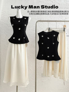 Bộ Đồ Hai Mảnh Thời Trang Mùa Xuân Hè Mới Không Tay Màu Đen Bó Sát Váy Nửa Thân Chất Liệu Polyester Phong Cách Công Sở Thường Ngày