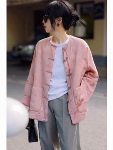 New 2025 Womens Cotton Jacket Pink Button up Chinese Style Traditional Clothing Outerwear Fashionable Small Size Autumn Winter