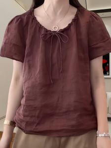 เสื้อเชิ้ตผู้หญิงแขนสั้นหลวมๆ สีพื้น คอกลม ทรงเข้ารูป ดีไซน์เชือกผูก แฟชั่นฤดูร้อน คอกลม เสื้อเชิ้ตผู้หญิง