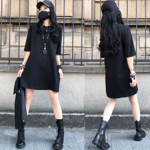 Fashionable Black T-shirt Dress A-Line Midi Skirt Loose Slimming Solid Color Commute High Waist Regular Sleeve Length Five