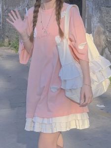 ชุดเดรสแขนสั้นหวานสำหรับเด็กผู้หญิง ชุดสองชิ้น ฤดูร้อน 2025 ชุดกระโปรงสั้นสไตล์นักเรียนมัธยมต้นและมัธยมปลาย