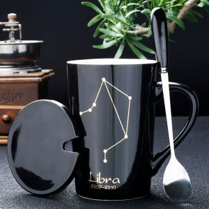 Creative Constellation Black Ceramic Mug with Lid and Spoon